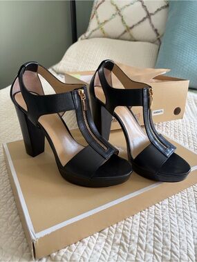 Michael Kors Black Leather T-Strap Platform Heels with Gold Zipper